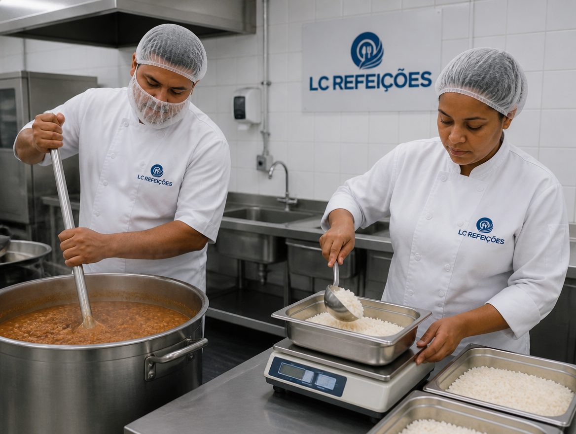 Equipe de cozinha porcionando e pesando refeições em cozinha industrial de campo
