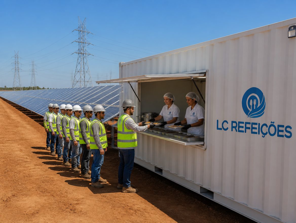 Equipe técnica em parque solar recebendo refeições